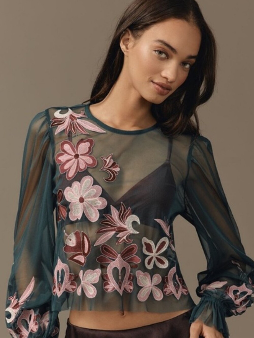 BY ANTHROPOLOGIE LONG-SLEEVE EMBROIDERED SHEER MESH GREEN PINK TOP SMALL NWT - Picture 4 of 14